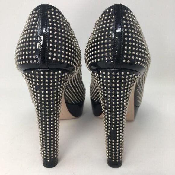Miu Miu PRADA Shoes Heels Pumps Black Patent Studs Peep Toe Italy 39 - Picture 9 of 14